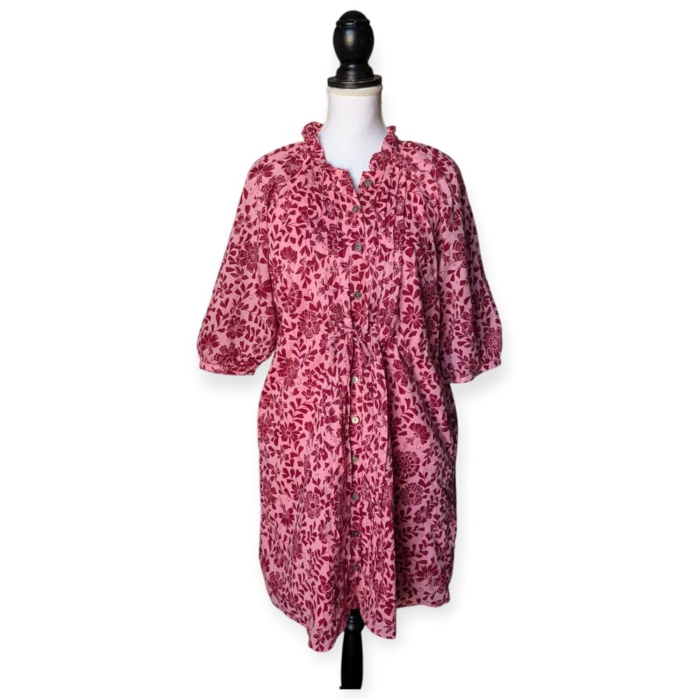 Banjanan Pink Floral Button Front Tie Waist Shirt Dress Size Medium Pockets